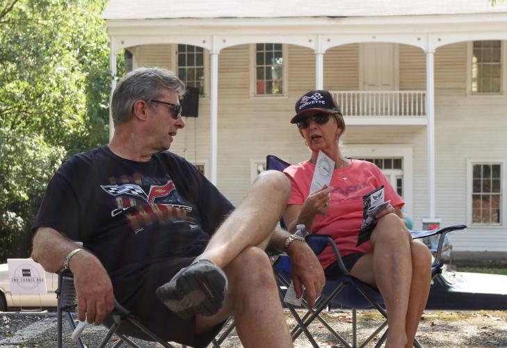 Fred and Ann O’Neill, from Gainesville, enjoy the Firefly Cruise-In at the Oglethorpe County Courthouse, Sept. 22, 2024. The O’Neills have 16 cars in their personal collection. (Kendall Kelly/Oglethorpe Echo)