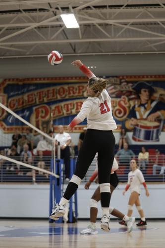 Elizabeth Cook serves in Oglethorpe County’s victory over Commerce on Sept. 12. The Patriots remained undefeated in Area 8-A Division I with victories over Lake Oconee Academy and Greene County on Tuesday night. (TY JOHNSTON/THE OGLETHORPE ECHO)