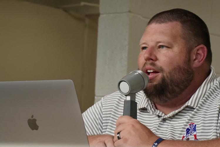 OCHS football announcer and Mt. Pleasant Community Church Pastor Levi Taylor calls the game between Oglethorpe County and Washington-Wilkes on Aug. 30. Taylor has been the PA announcer for the football program for eight years. (Saylor Williams/The Oglethorpe Echo)