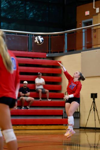 Sofia Horsley serves during the Oglethorpe County volleyball team’s matches at North Oconee on Sept. 5. The Patriots host Commerce at 6 p.m. Thursday, Sept. 12. (TY JOHNSTON/THE OGLETHORPE ECHO)