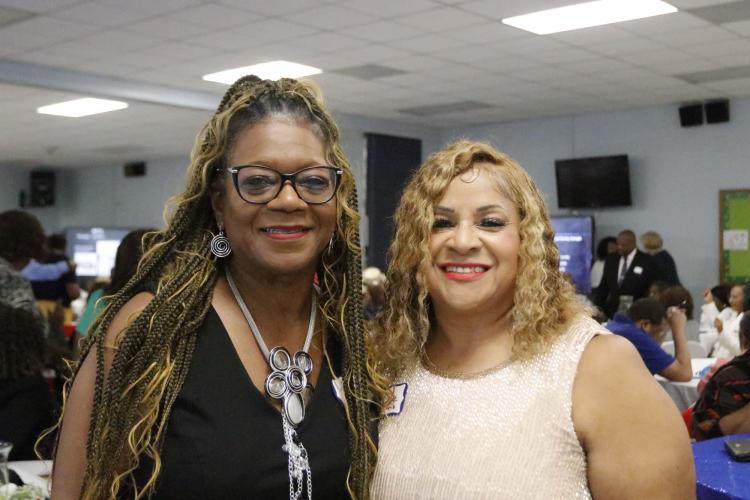 (Left) Linda Huff and Louise Davenport Williams pose at the commemorative program for the Oglethorpe County Consolidated School, which is now Oglethorpe County Primary School, on Saturday, Sept. 28, 2024. They are part of the 1975 graduating class of Oglethorpe County High School. (McCain Bracewell/The Oglethorpe Echo)