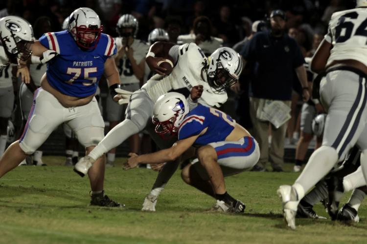 Oglethorpe County’s Keagan Moats tackles Elbert County Quarterback Jayvyn Hickman in the Blue Devils’ 46-13 victory over the Patriots on Sept. 20. Moats is slated to return to the starting lineup after recovering from a concussion. (ADAM WALTERS/THE OGLETHORPE ECHO)