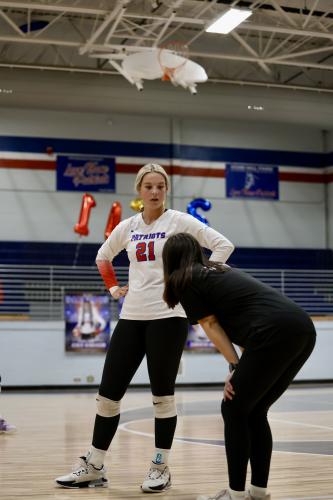 Elizabeth Cook talks with OCHS coach Brianne Harrison during a victory over Athens Academy on Tuesday. The Patriots are preparing for the Area 8-A tournament, which begins next week. (Ty Johnston/The Oglethorpe Echo)