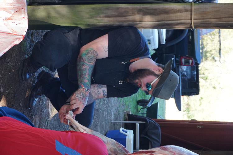 Cam Floyd, a chef, restaurateur and businessman, butchers a lamb at Harvest Day, an event held at Hannah Ramirez’s Renaissance Farmstead in Sandy Cross earlier this month. He started the initiative to bridge communities and teach chefs and small-scale farmers how to kill and process animals. (ALEX PERRI/THE OGLETHORPE ECHO)