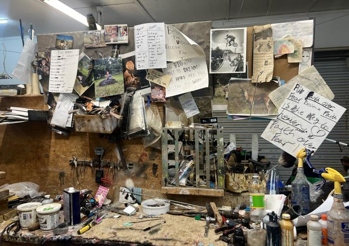Andy Nimmons’ workspace in his workshop in Lexington includes a list of animals he wants to mount, photos and reminders. He’s run Andy Nimmons Taxidermy for 30 years. (Ella Kroll/The Oglethorpe Echo)