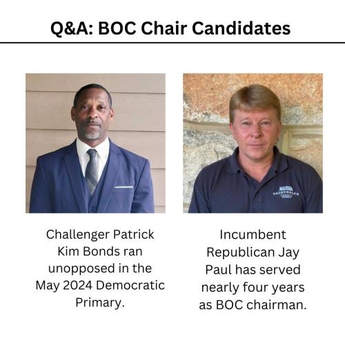 Incumbent Republican Jay Paul (right) will run against Democratic challenger Patrick Kim Bonds (left) for Oglethorpe County Board of Commissioners chair in the Nov. 5 election. Paul has served nearly four years as chairman and Bonds won in the May 2024 Democratic Primary. (Photo / Patrick Kim Bonds and Jay Paul)