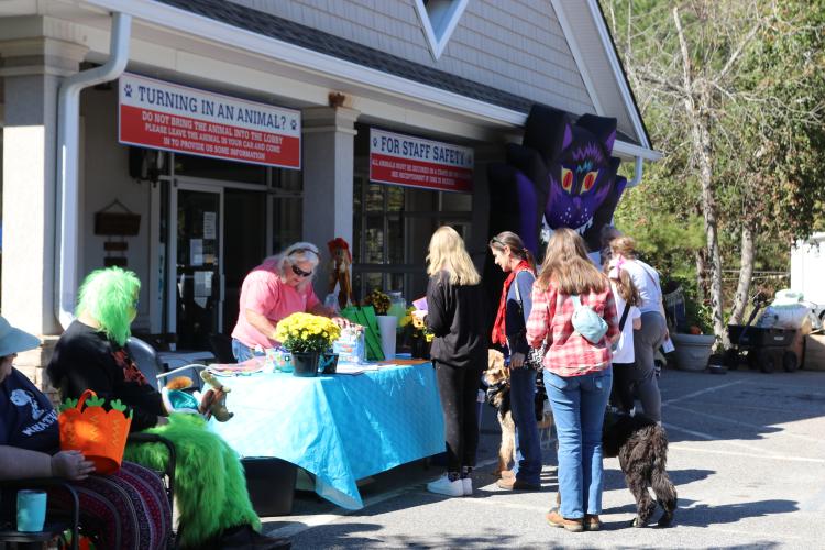 Attendees check in at the welcome table for Madison Oglethorpe Animal Shelter's Halloween Costume Party on Saturday, Oct. 19. The event featured costume contests, trick-or-treating and hands-on activities. Seven dogs and five cats were adopted through the event, which is a "big win for the shelter," according to MOAS Board of Directors Treasurer Glenda Faulkner. (Ella Kroll/The Oglethorpe Echo)