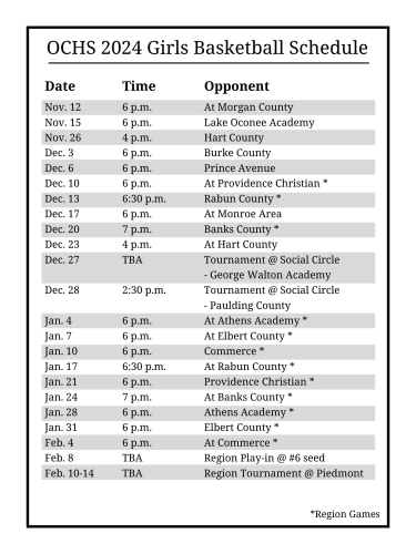 OCHS Girls Basketball 2024-25 Schedule