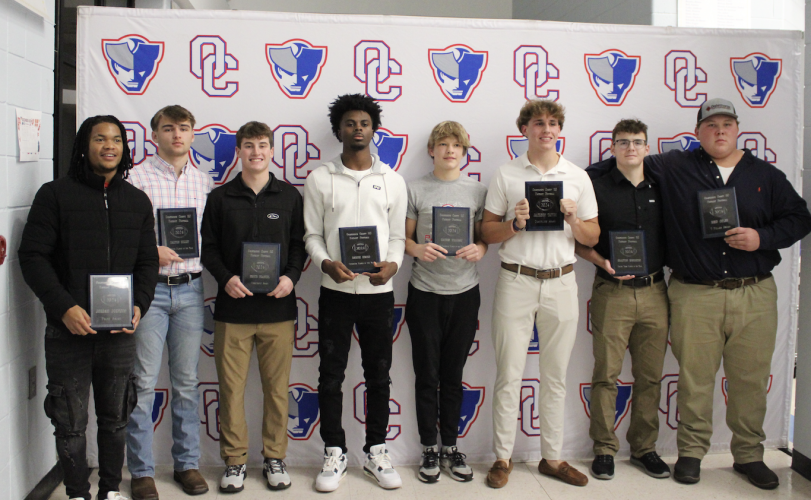 OCHS football award winners: Jordan Johnson (Pride Award), Dalton Hilley (Varsity Defensive Player of the Year), Bryce Frankel (Commitment Award), Darius Heard (Varsity Offensive Player of the Year), Hayden Williams (JV Offensive Player of the Year), Jackson Tatum (Discipline Award), Braxton Edmonson (Special Teams Varsity Player of the Year), and Reid Coley (Five Pillar Award)  (Audrey Pfitzner/The Oglethorpe Echo)