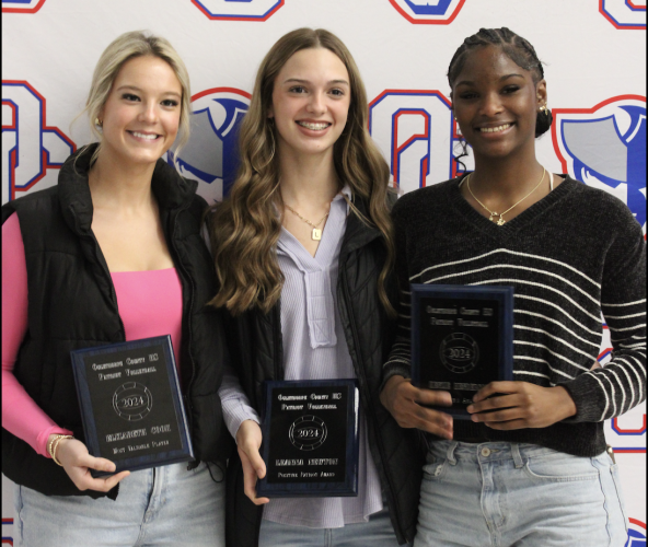 OCHS volleyball team award winners (from left to right): Elizabeth Cook (Most Valuable Player), Leanna Newton (Positive Patriot Award) and Kenzie Henderson (Coaches Award)  Not pictured: Nora Turner (Most Improved) and Samantha Amos (Persistent Patriot)  (Audrey Pfitzner/The Oglethorpe Echo)