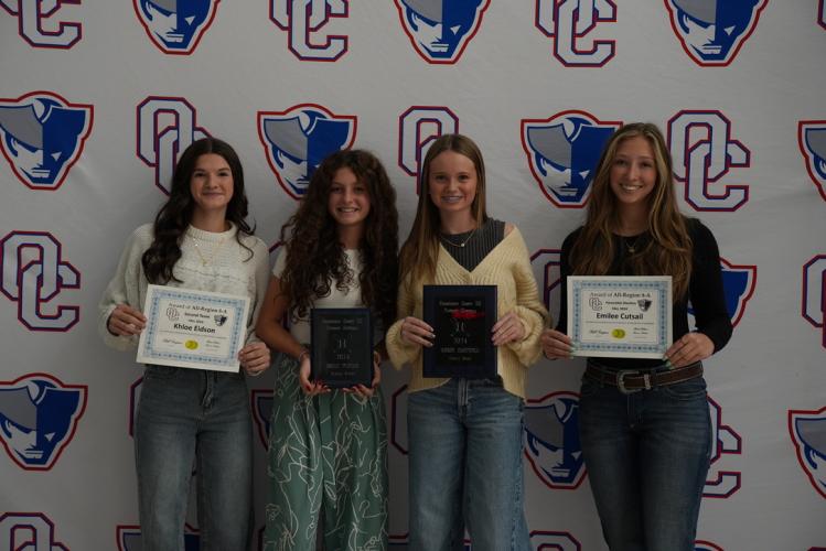 The softball team award winners (from left): Khloe Eidson (Second-Team All-Region), Emily Wisham (Hardest Worker), Reese Campbell (Patriot Award) and Emilee Cutsail (Honorable Mention All-Region).  (Saylor Williams/The Oglethorpe Echo)