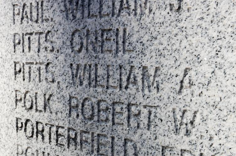A close-up shot of William Alvin Pitts' name, carved into the Oglethorpe Veterans monument outside of the Oglethorpe County Courthouse in Oglethorpe County, Georgia on Monday, Jan 20, 2025. Though shot down and wounded during World War II, Pitts never received a purple heart upon returning to Oglethorpe County (Photo/Felix Scheyer)