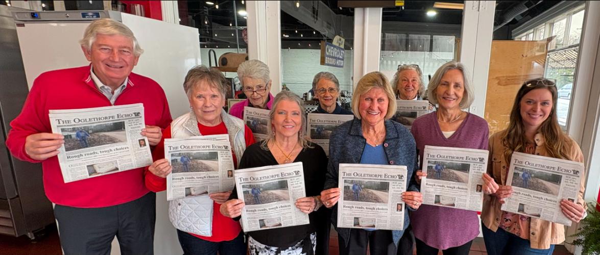 The Oglethorpe Echo’s volunteers and office staff recently gathered for lunch at G Brand BBQ. They include (back, from left) Marilyn Hill, Anne Garner and Mary Nouri, and (front, from left) Dink NeSmith, Connie Morgan White, Valerie Argo, Barbara Cabaniss, Cindi Johnson and Trisha Bearden. Judy Doherty and Wingate Downs weren’t present. (Submitted Photo)