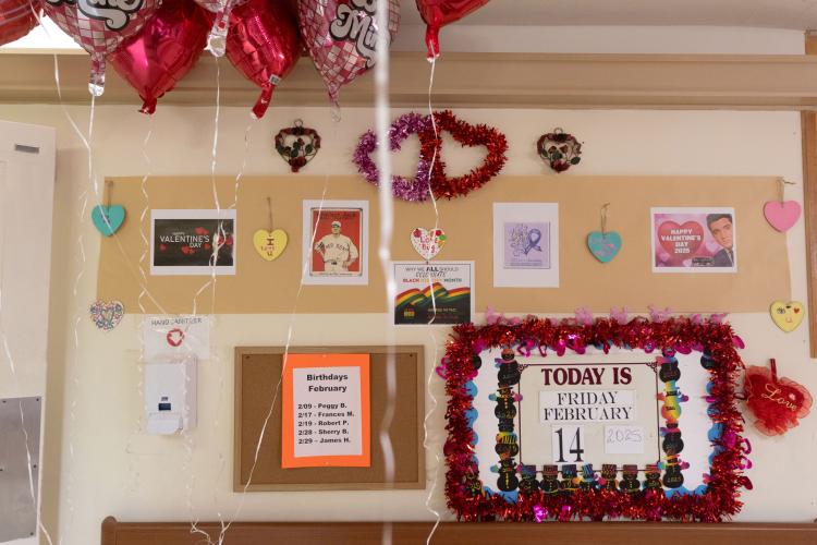 Quiet Oaks Nursing Home in Crawford, Ga is decorated to celebrate Valentine's day on Feb. 14, 2025. Residents attending the nursing home's annual Valentine's day event were each given a helium balloon, purchased entirely by the community of Crawford through a fundraiser held by Family Dollar for Quiet Oaks.