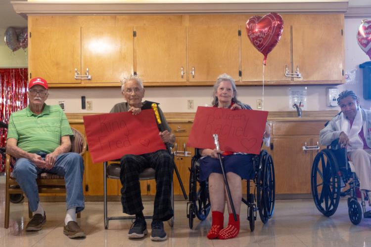 Fred Sinkewitz and Barbara (Rachel) Lowry pose for a portrait after being crowned king and queen of Valentine's day at Quiet Oaks Nursing Home in Crawford, Ga on Feb. 14, 2025. Sinkewitz has been a resident of Quiet Oaks for less than 2 months, and Lowry has been a resident for 8 months. (Photo / Lux Corrona)