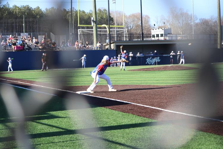 Eighth-grader, JD Armour catches a ball from the shortstop up on Tuesday, March 18th at the game against BCA. (Photo/ Kayda Hammock)