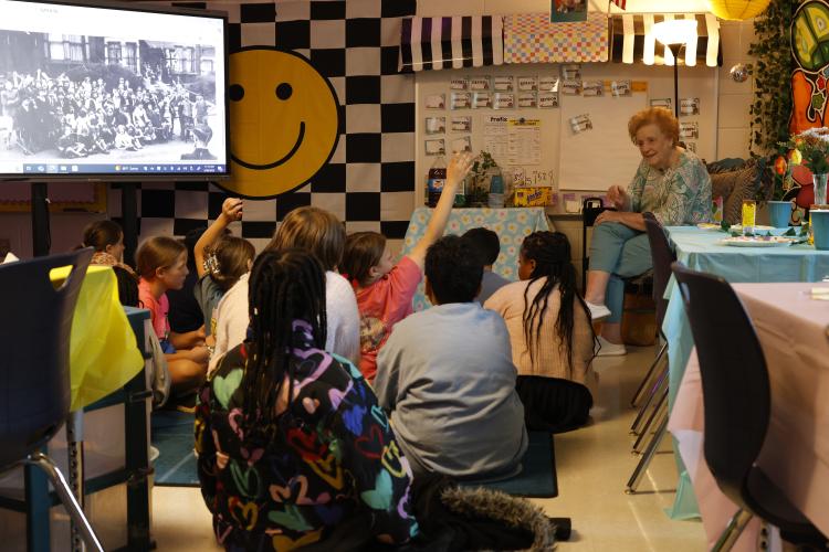 Gwendoline Browning answers questions asked by the fifth graders of Oglethorpe County Elementary School during her presentation on Friday, March 28, 2025 in Lexington, GA. Browning sat patiently and listened to these questions for thirty minutes after she had finished telling her story. (Photo/Frankie Hennessy)