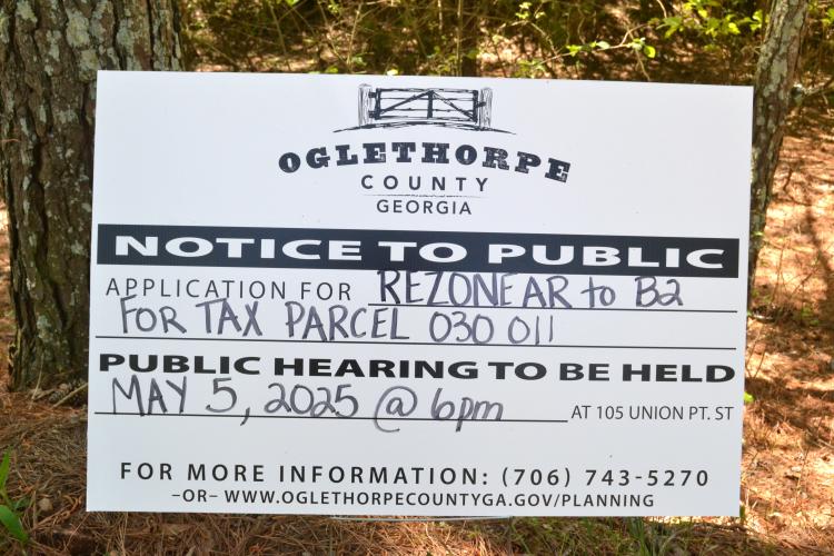 A sign was placed on Wallace Meyer Road on April 11, alerting the public to a rezoning application for a 3.3 acre property. The land would be rezoned B2, allowing for commercial use. (Photo/Adriana Cascio)