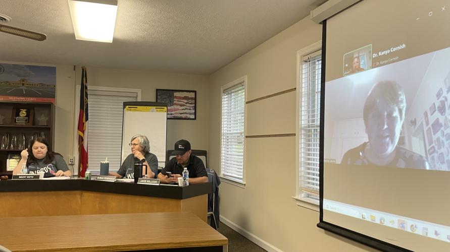 Superintendent Beverley Levine attends the BOE meeting via Zoom while she’s visiting family in South Africa. The BOE approved the 2026 budget on Tuesday. (Photo/Zach Leggio)