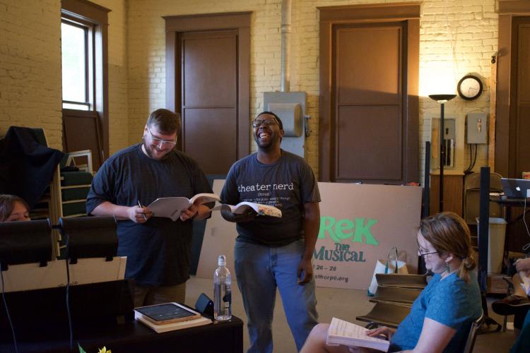 radley Sullivan, actor for Shrek, Rickey Leware, actor for Donkey and Killian Ross, actress for Fiona (left to right) rehearse for the Arts!O's Shrek the Musical at the historic Crawford School on Monday, June 2. (Photo/Emma Greene)