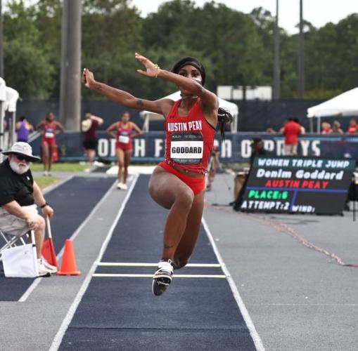 Denim Goddard, a two-time state champ in the long and triple jumps, competes in both events for Austin Peay. As a freshman this year, her distances improved from the end of the indoor season to the end of the outdoor season. (Submitted Photo)