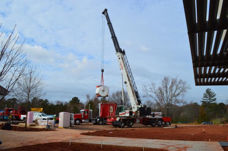 A crane lifts an MRI machine during construction and design of the University of Georgia Veterinary Teaching Hospital. (Submitted Photo)
