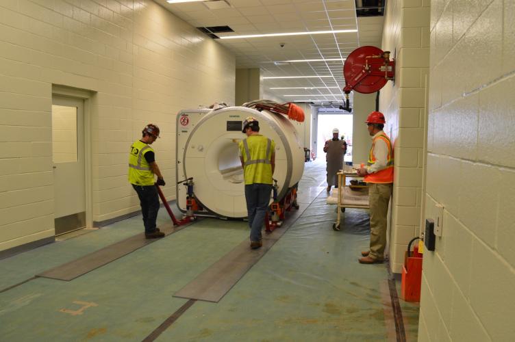 An MRI machine is transported into the building during the construction and design of the University of Georgia Veterinary Teaching Hospital. (Submitted Photo)