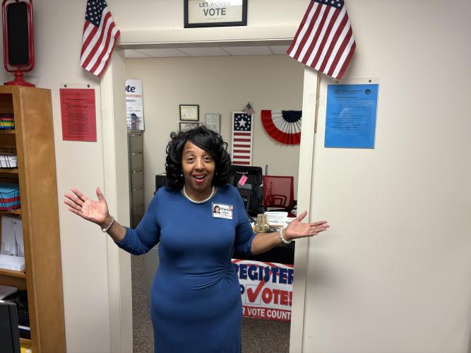Oglethorpe County Elections Supervisor Marilyn Huff-Waller asks "Where are all the voters?" the morning of the special election at the county elections office on June 17. Though Election Day turnout was slow, Election Assistant Steve McCannon said the county was ahead of other parts of the state in early voting. (Photo/Dink NeSmith)