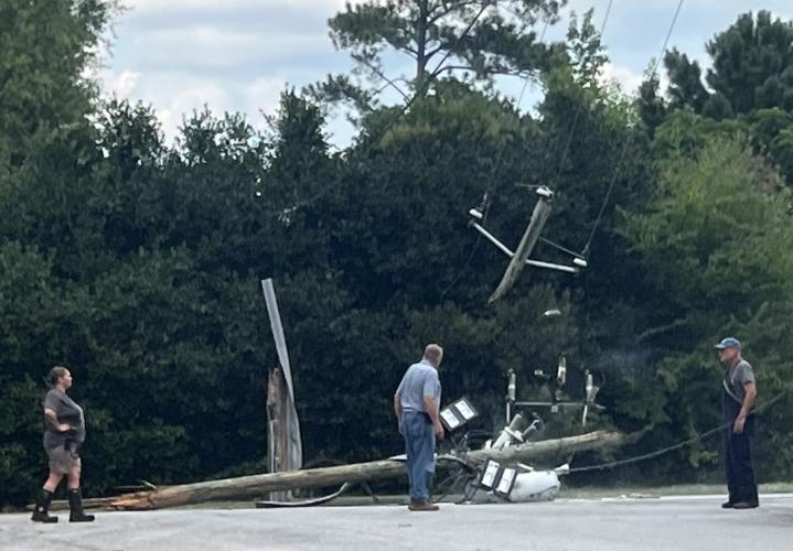 A transformer briefly caught on fire after being pulled down by a truck about 3 p.m. Monday. The fire was quickly extinguished. (Photo/Trisha Bearden)