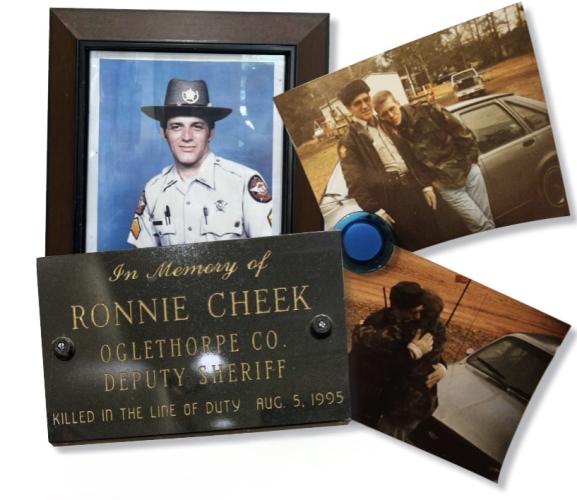 Ronnie Cheek, a deputy who was killed in the line of duty on Aug. 5, 1995, is shown with his son Tim Cheek, who was 21 at the time, in photos provided by the family. There’s a memorial to Cheek on a wall in the Oglethorpe County Sheriff’s Office that includes a photo of him in uniform and a plaque. (Photo Illustration/Abbie Herrin)