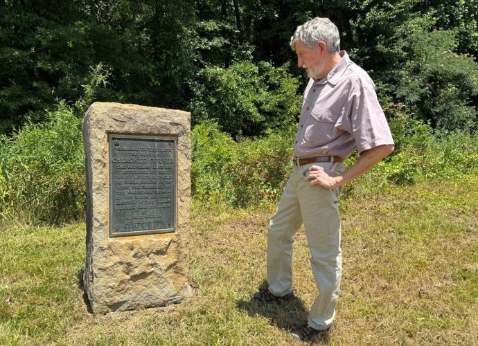 Tom Gresham said the Cherokee Corner marker was first erected next to the dirt version of what became Highway 78, and was moved about 100 feet south when the paved road was constructed in the 1930s. He said the marker’s text is “simple and broadly worded,” but accurate. (Submitted Photo)