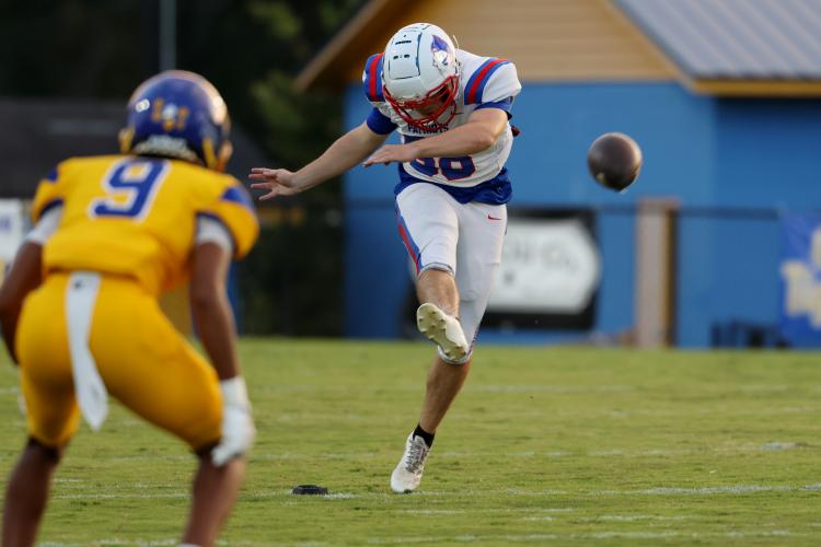 Oglethorpe County High School football player Braxton Edmondson (88) kicks the ball to restart the game after a touchdown during a game against Washington Wilkes Comprehensive High School at Tiger Stadium in Washington, Georgia, on Aug. 29, 2025. (Photo/Susanna Johnson)