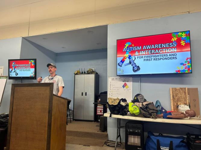 Cody Gibbs leads the “Autism Awareness &amp; Interaction for Firefighters and First Responders” class on May 24, 2024, at the Beaverdam Volunteer Fire Department in Winterville, Georgia. Gibbs said he initially wanted to stay in the background but discovered his passion for teaching EMS classes. (Submitted Photo)