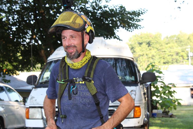 Lexington’s Frankie Hart, owner and operator of Hart Tree Care, wears his tree-climbing gear. He used his skills to help clear debris during Hurricane Helene relief efforts in North Carolina. (Emily Adams/The Oglethorpe Echo)