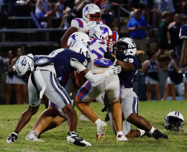 Oglethorpe County High School sophomore Andrew Eberhart (11) fights for extra yards after making a catch in the Granite Bowl against Elbert County High School on Friday, Sept. 19, 2025. (Photo/Drew Bearden)