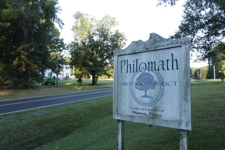 The Philomath Historic District sign marks the entrance to the mile-long unincorporated community in the southeastern corner of Oglethorpe County. Philomath was named to the National Register of Historic Places in 1979. (Photo/Ansley Gavlak)