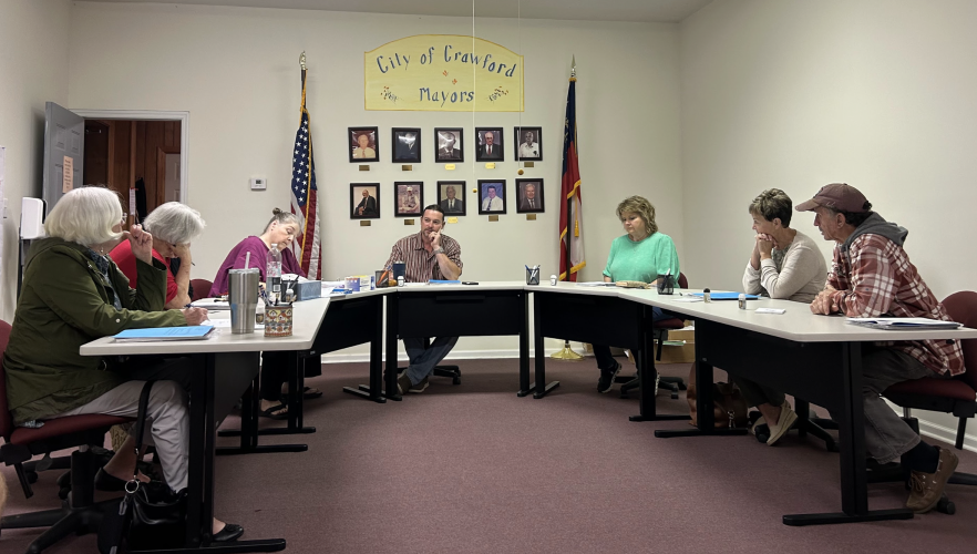 The Crawford City Council Sandra Sheridan (from left), Brenda Butler, city clerk Amy Wall-Lance, Mayor Seavy O’Neal, Kathy Little, Carol McGrath and Johnny Shedd met on Nov. 12 , 2024 for its monthly meeting. Sheridan stepped down last month after serving on the council for nearly 15 years. (Photo/ Sarah Coyne)
