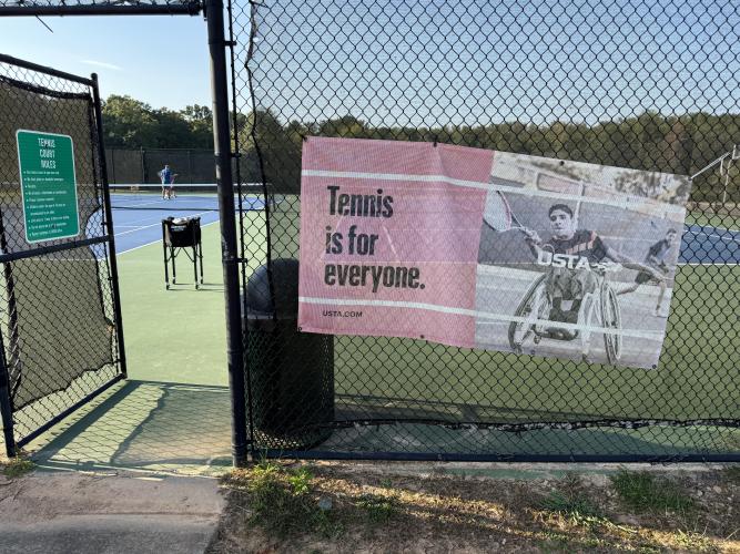 COOPER HUAU/THE OGLETHORPE ECHO Tennis is for everyone. This sign next to the entrance to the courts reinforces that tennis is something for everyone, all ages, all skill levels and all backgrounds.