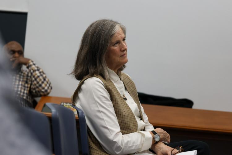 Jean Westmacott, a member of HOC, listens to Mamie Hillman as she speaks on the Greene County African American Museum at the library on Tuesday. Westmacott said she hoped Hillman’s presentation would “give us an idea about doing more in this county for African-American history.” (Photo/Susanna Johnson)