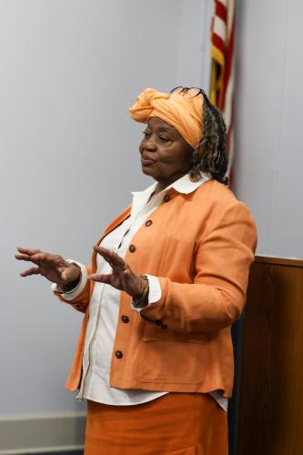 Mamie Hillman, founder and director of the Greene County African American Museum, speaks to about 20 people at the Historic Oglethorpe County meeting at the Oglethorpe County Library on Tuesday, October 28, 2025. The museum opened in October 2021. (Photo/Susanna Johnson)