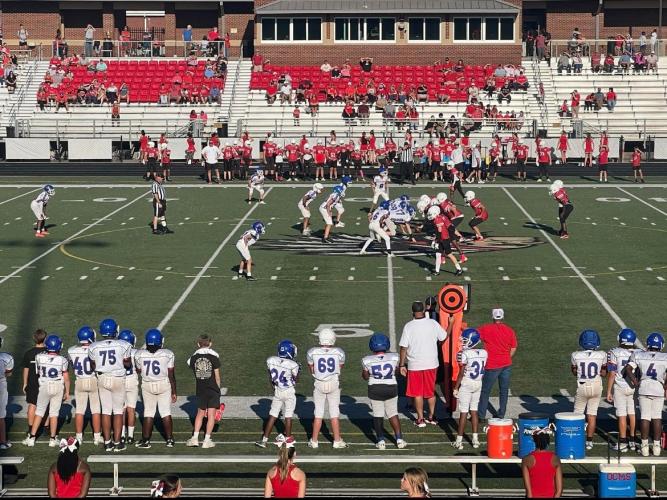 OCMS defensive players line up against Social Circle in the PAC-11 championship game last week. The Patriots held Social Circle to six points, one week after shutting out East Jackson 20-0.