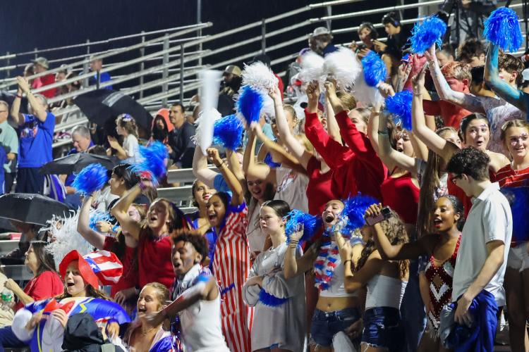 Oglethorpe County High School students cheer on the football team during a game against Athens Academy in Lexington, Georgia, on Friday, September 26, 2025. Athens Academy ended up beating Oglethorpe County 43-21. (Photo/Amelia Durden)