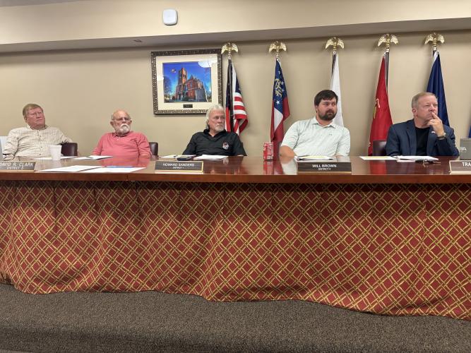 Oglethorpe County commissioners (from left) Andy Saxon, David Clark, Howard Sanders, Will Brown and Tracy Norman listen to residents during the public portion of the BOC meeting on Monday. The meeting lasted 25 minutes. (Andy Johnston/The Oglethorpe Echo)