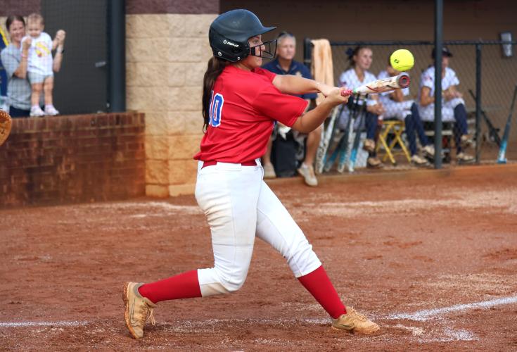 Oglethorpe sophomore Riley Jones (10) swings during a game against Prince Avenue Christian School at the Sheldon T. Shoff Sports Annex in Bogart, Georgia, on Saturday, Sept. 27, 2025. Prince Avenue won 11-3. (Photo/Katherine Davis)