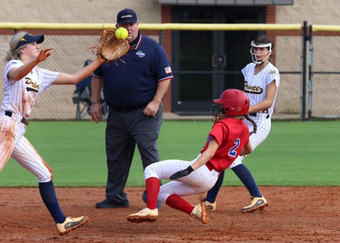 Oglethorpe junior Khloe Eidson (2) slides into second base during a game against Prince Avenue Christian School at the Sheldon T. Shoff Sports Annex in Bogart, Georgia, on Saturday, Sept. 27, 2025. Prince Avenue won 11-3. (Photo/Katherine Davis)