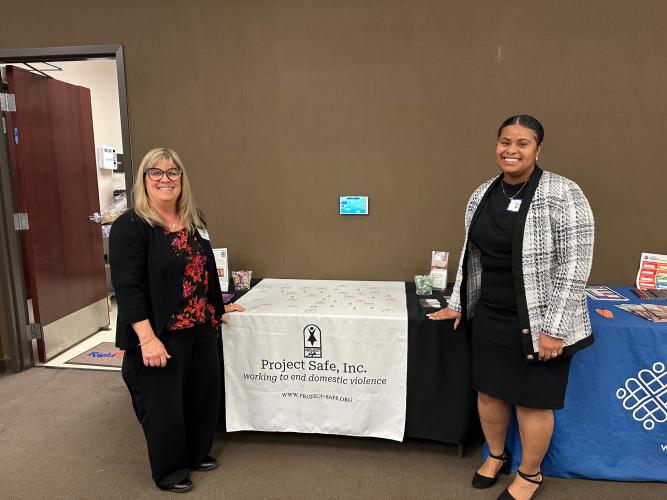 Tiana McRae (right) and Melissa Balta, a high-risk legal advocate for Project Safe (left), pose for a photo at the State of the County Leadership Event in Madison County, Georgia, in April 2025. The women hosted a table for Project Safe, an organization dedicated to ending domestic violence through prevention and supportive services. (Submitted Photo)