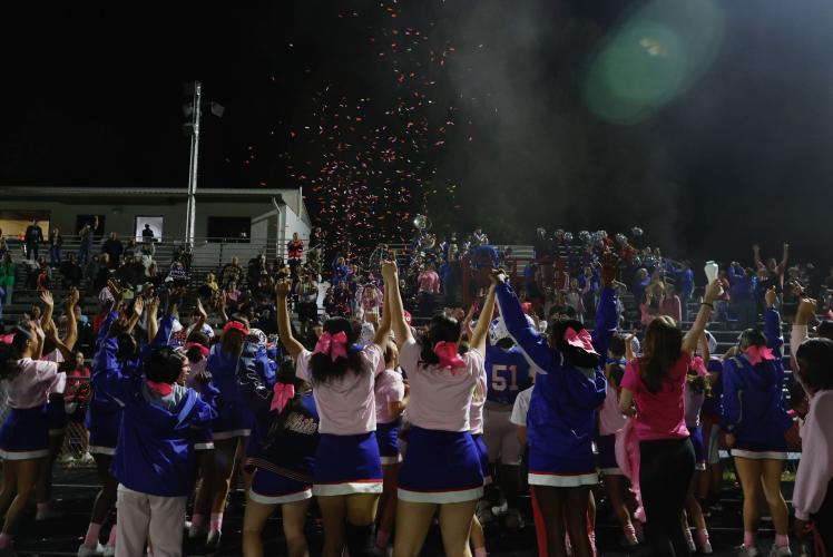 Cheerleaders and fans celebrate the Patriots' win over Rabun County on Friday, Oct. 10. (Drew Bearden/The Oglethorpe Echo)