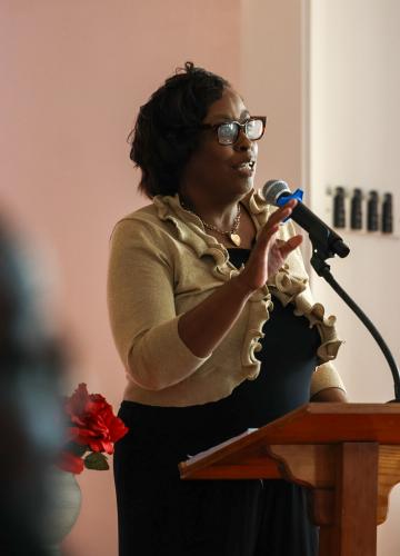 TIffany Appling-Smith speaks to the congregation about St. Paul Methodist Church's journey during the rededication service in Lexington on Sunday, Nov. 16, 2025. "We need to do this," Appling-Smith said. "It was instilled in us to do this, to work in the church, to keep it going." (Photo/Susanna Johnson)