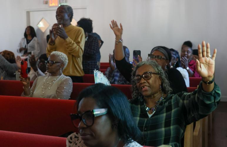 Members of the congregation worship at St. Paul Methodist Church in Lexington on Sunday, Nov. 16, 2025. The service included a scripture reading from David Bell, a speech from Tiffany Appling-Smith, preaching from Perez Watson and a prayer from Clarence Burgess. (Photo/Susanna Johnson)