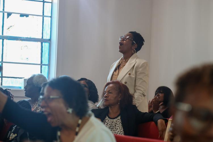 The congregation worships during the rededication service at St. Paul Methodist Church in Lexington on Sunday, Nov. 16, 2025. The service included prayer, worship, teaching and gratitude to God and those who have worked to reopen the church. (Photo/Susanna Johnson)